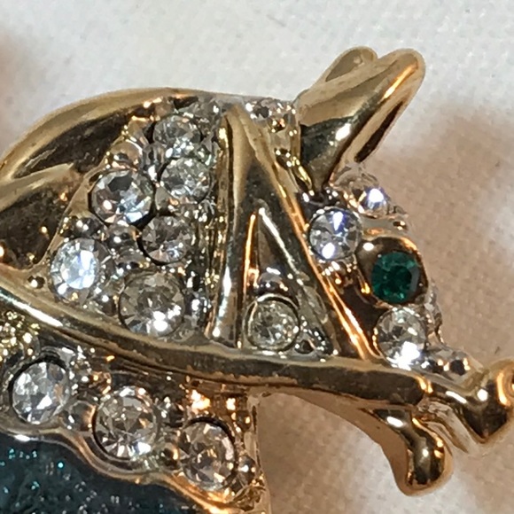 Carnival pony brooch, gold tone, 2 in length, green and red colors - Picture 4 of 9